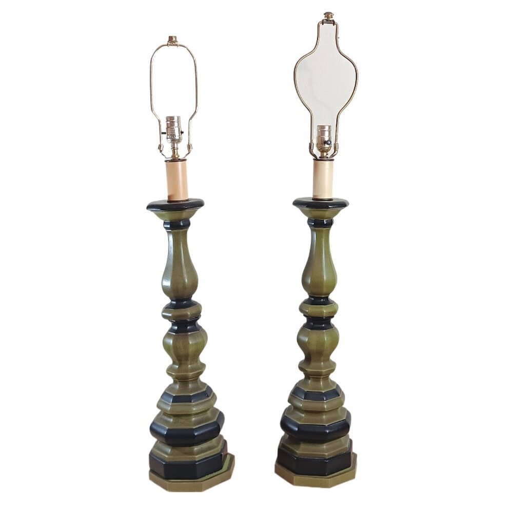 Vintage MCM Hollywood Regency Style Table Lamps One Pair Avocado Green Ceramic